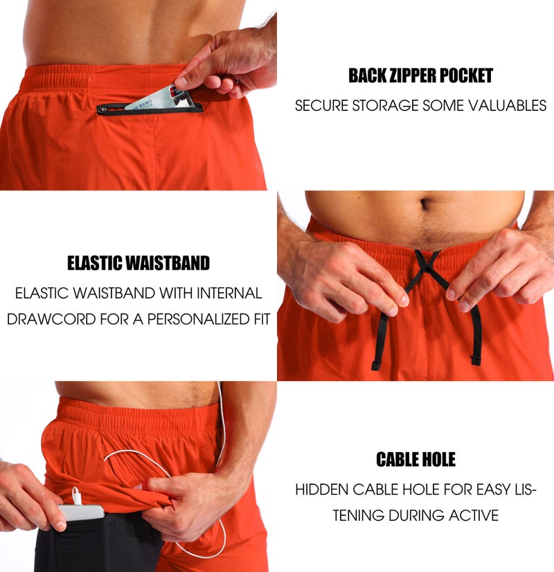 Pudolla Menâ€™s 2 in 1 Running Shorts 5" Quick Dry Gym Athletic Workout Shorts for Men with Phone Pockets(Orange Red Large) - Image 5